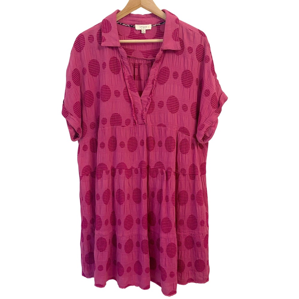 Umgee Tiered Babydoll Dress 1XL Mini Textured Polka Dot Dolman Boho Magenta Pink - Picture 2 of 10